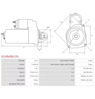 Démarreur 12V 1.40kW 8 dents AS-PL UD02062S, DELCO 8000333, HYUNDAI / KIA 36100-3C023, 36100-3C200, 361003C0200