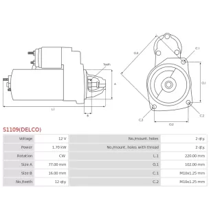 Démarreur 12V 1.70kW 12 dents CARGO 115446, DELCO 8000511, HYUNDAI / KIA 36100-2A800, 36100-2A810, 36100-2A830