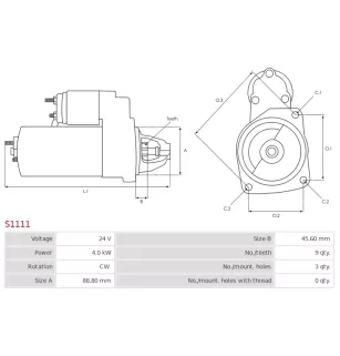 Démarreur 24V 4.0kW 9 dents AS-PL UD12346S, DELCO 10479652, 19080009, 35009VL, PRESTOLITE 861036