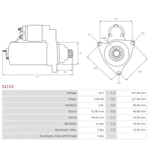 Démarreur 12V 5.50kW 11 dents AS-PL UD12007S, DELCO 8200793, 8200971, ROBERT'S 130-95126