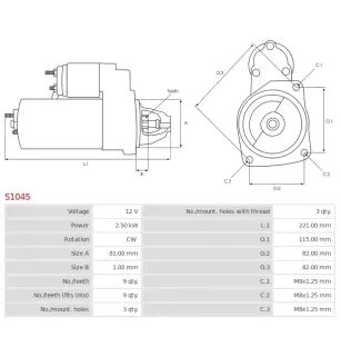 Démarreur 12V 2.50Kw 9 dents BOSCH 0001109300 , 0001109301 , 0986021640, 0986025580, 1986S00733, CARGO 113935