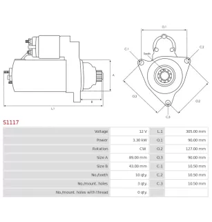 Démarreur 12V 3.30kW 10 dents AS-PL S1117, UD12063S, BOSCH F000AL0150