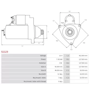 Démarreur 12V 7.30kW 12 dents AS-PL UD12376S, PSH 810.534.123.030, WAI / TRANSPO 2-2806-DR, 6914N