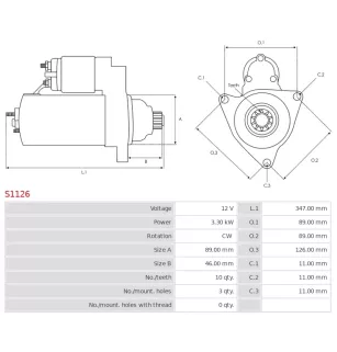 Démarreur 12V 3.30kW 10 dents AS-PL UD12351S, DELCO 10461765, 19011409, FORD 4C4O-11001-CA, 4C4Z-11002-CA