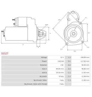 Démarreur 12V 3.00kW 10 dents AS-PL UD12393S, BOSCH 0001230004