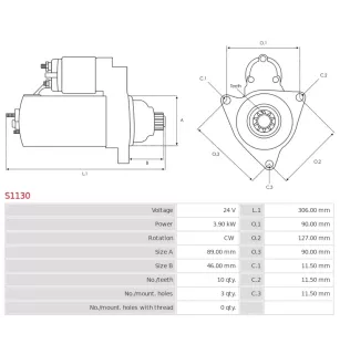 Démarreur 24V 3.90kW 10 dents AS-PL UD12664S, CUMMINS 3604677RX