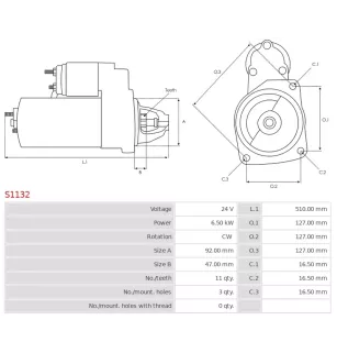 Démarreur 24V 6.50kW 11 dents AS-PL S1132, UD12381S, CASE 307822R92