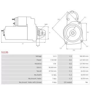 Démarreur 12V 7.5kW 12 dents AS-PL S1135, UD12391S, CATERPILLAR 0R2189