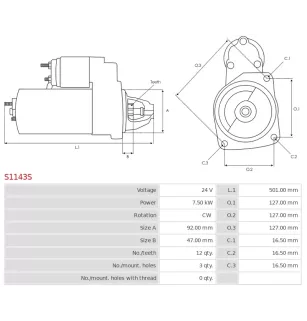 Démarreur 24V 7.50kW 12 dents AS-PL S1143S, UD02185S, UD12392S, BOSCH 0001420001, 0001420003