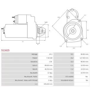 Démarreur 24V 7.50kW 12 dents AS-PL S1162S, UD14328S, CATERPILLAR 03L28M, 07A04M, 0R2735