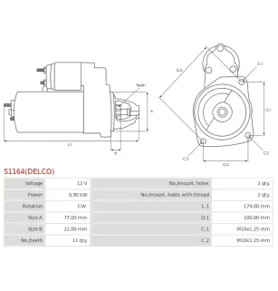 Démarreur 12V 0.90kW 11 dents AS-PL UD03235S, DELCO 8000528, 8000708, DRS1019, HYUNDAI / KIA 36100-2B110