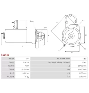 Démarreur 12V 0.80kW 8 dents AS-PL S1165S, CARGO 112478, 116115, DELCO RS41146, HITACHI 136954