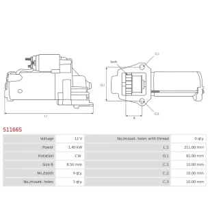 Démarreur 12V 1.40kW 9 dents AS-PL UD13948S, DELCO 12594441, 12610636