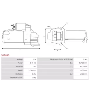 Démarreur 12V 1.40kW 9 dents AS-PL S1181S, UD20515S, CARGO 112900