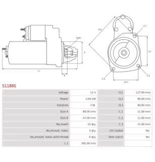 Démarreur 12V 3.00kW 10 dents AS-PL UD16525S, CARGO 110472, DELCO 1107557, 1107582, 12301332