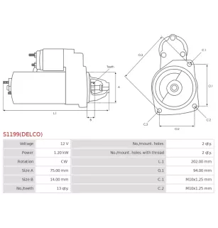 Démarreur 12V 1.20kW 13 dents AS-PL UD17246S, DELCO 8000685, DRS1022