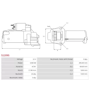 Démarreur 12V 0.80kW 10 dents AS-PL S1209S, UD20598S, DELCO 10455513, FORD 10455516, JOHN DEERE AM132702
