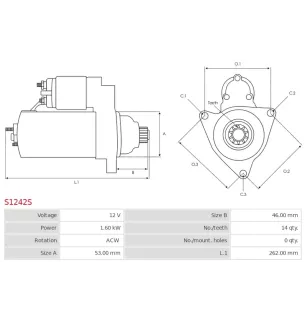 Démarreur 12V 1.60kW 14 dents AS-PL UD19242S, CARGO 115740, DELCO 9000855, 9000974, 3EFFE PRSF009