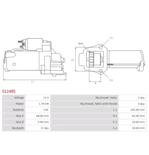 Démarreur 12V 1.70kW 11 dents AS-PL UD19284S, CARGO 112240, DELCO 9000879, FORD SAEJ1171, ISUZU 8104651670