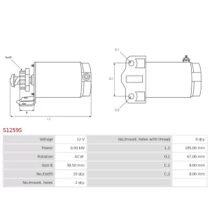 Démarreur 12V 0.50kW 10 dents AS-PL S1259S, UD19441S, CARGO 114888