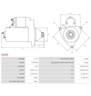 Démarreur 12V 2.50kW 9 dents AS-PL S2005, HITACHI S13-107, S13-107A, S13-127, S13-127A