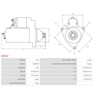 Démarreur 12V 2.80kW 9 dents AS-PL S2012, UD14939S, CARGO 114032, DELCO DRS0089, DRS0615