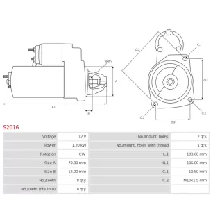 Démarreur 12V 1.20kW 8 dents AS-PL S2016, BOSCH 0986017661, CARGO 111459, HELLA 8EA011610-621, 8EA737484-001