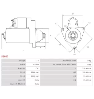 Démarreur 12V 3.00kW 9 dents AS-PL S2021, HITACHI HST13160, S13-160, YANMAR 123900-77010, CASCO CST20135AS