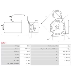Démarreur 12V 1.40kW 11 dents AS-PL S2027, CARGO 112675, 113408, CASE VV12924277010, DELCO DRS0118