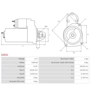 Démarreur 12V 0.80kW 8 dents AS-PL S2031, BOSCH F042004014, CARGO 112478, 116115, DELCO RS41146