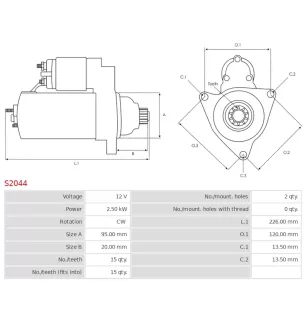 Démarreur 12V 2.50kW 15 dents AS-PL S2044, CARGO 112374, DELCO DS1162