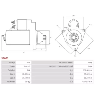 Démarreur 12V 1.40kW 10 dents AS-PL S2061, UD12437S, DELCO 17487, DRS0675, HITACHI 136943