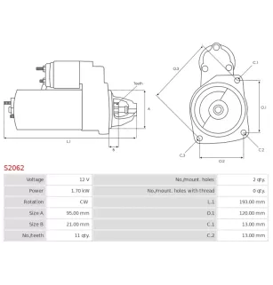 Démarreur 12V 1.70kW 11 dents AS-PL S2062, UD12176S, CARGO 114281