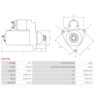 Démarreur 12V 1.40kW 13 dents AS-PL S2073S, UD14750S, BOSCH 0986029000, CARGO 114763, DELCO DRS3918