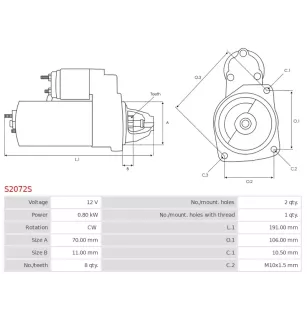 Démarreur 12V 0.80kW 8 dents AS-PL S2072S, UD13781S, BOSCH 0986016581