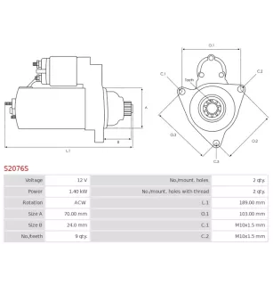 Démarreur 12V 1.40kW 9 dents AS-PL S2076S, UD14938S, CARGO 113976