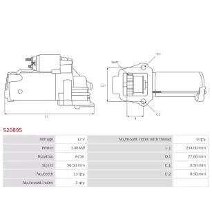 Démarreur 12V 1.40kW 13 dents AS-PL S2089S, UD16511S, HITACHI 2506952, HST114867B, S114-836A