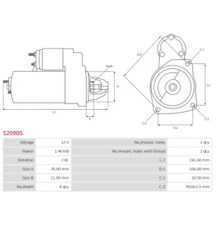Démarreur 12V 1.40kW 8 dents AS-PL UD20562S, BOSCH 0986CR1170, 0986UR1170, HITACHI S114-865, DIXIE S-8383