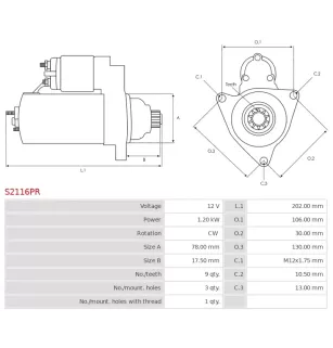 Démarreur 12V 1.20kW 9 dents BOSCH 0986016161, DELCO DRS3216, HELLA 8EA011610-881, 8EA731788-001, HITACHI S114-481