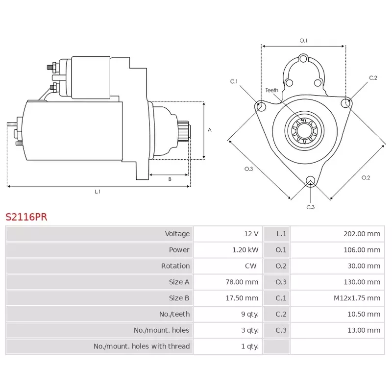 Démarreur 12V 1.20kW 9 dents BOSCH 0986016161, DELCO DRS3216, HELLA 8EA011610-881, 8EA731788-001, HITACHI S114-481