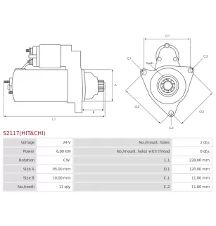 Démarreur 24V 6.00kW 11 dents AS-PL UD100034(HITACHI)S, HITACHI S25-518A, S25518, NISSAN 23300-LC05B, 23300-LC50A