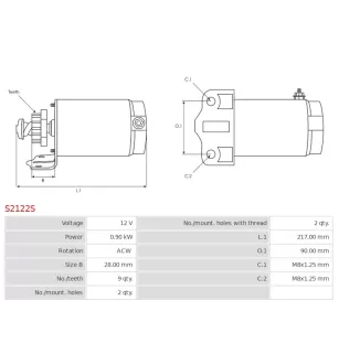 Démarreur 12V 0.90kW 9 dents AS-PL UD19214S, DELCO RS41152, HITACHI S114-555, SUZUKI 31100-95310, 31100-95312