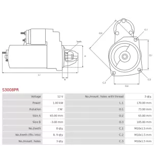 Démarreur 12V 1.00KW 8 dents RENAULT 6025008446, 7700104674, 7700105119, 7711134530, 7711135335, 8200049826