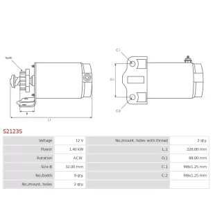 Démarreur 12V 1.40kW 9 dents AS-PL UD19212S, DELCO RS41151, HITACHI S114-552, S114-552A, S114-660