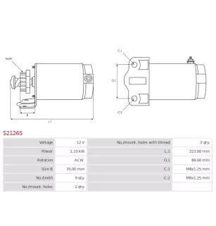 Démarreur 12V 1.10kW 9 dents AS-PL UD19193S, CARGO 111766, DELCO RS41143, HITACHI S114-323, S114-323A