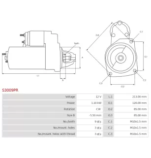 Démarreur 12V 1.10KW 9 dents PEUGEOT 555838, 5802-38, 5802-39, 5802-79, 5802-88, 5802-CS