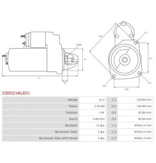 Démarreur 12V 1.70kW 11 dents AS-PL S3002, BOSCH 0001109010, 0001109026, 0001110056, 0986012400