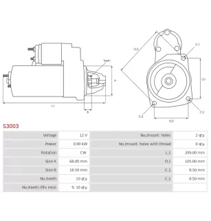 Démarreur 12V 0.90kW 10 dents AS-PL S3003, UD02072S, UD14982S, BOSCH 0001102035, 0001112008