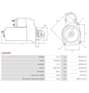 Démarreur 12V 0.90kW 9 dents Remplace BOSCH 0001112007, 0001112019