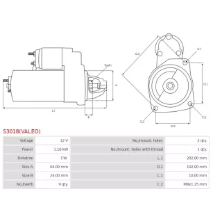 Démarreur 12V 1.10kW 9 dents AS-PL UD800028(VALEO)S, BOSCH 0001107429, 0001107437, 0001107444, 0986021240